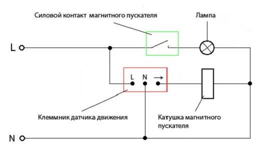 На рисунке представлена схема подключения датчика движения для включения света