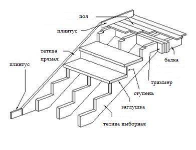 Схема устройства прямой лестницы на тетивах